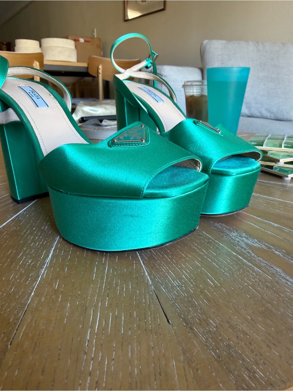 Prada Green Satin Block Heel Sandals - Picture 8 of 11